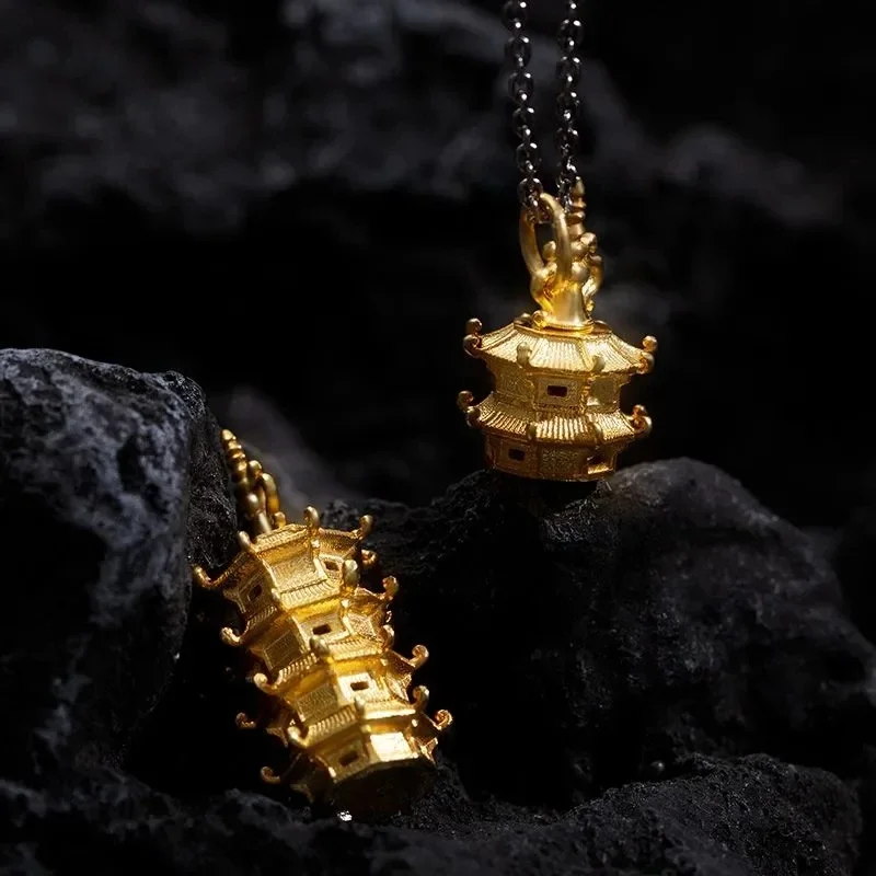 Exquisite Beyond Compare Golden Color Sense of Design Rotatable Multilayer Small Tower Pendant Necklace Fashion Leader Jewelry