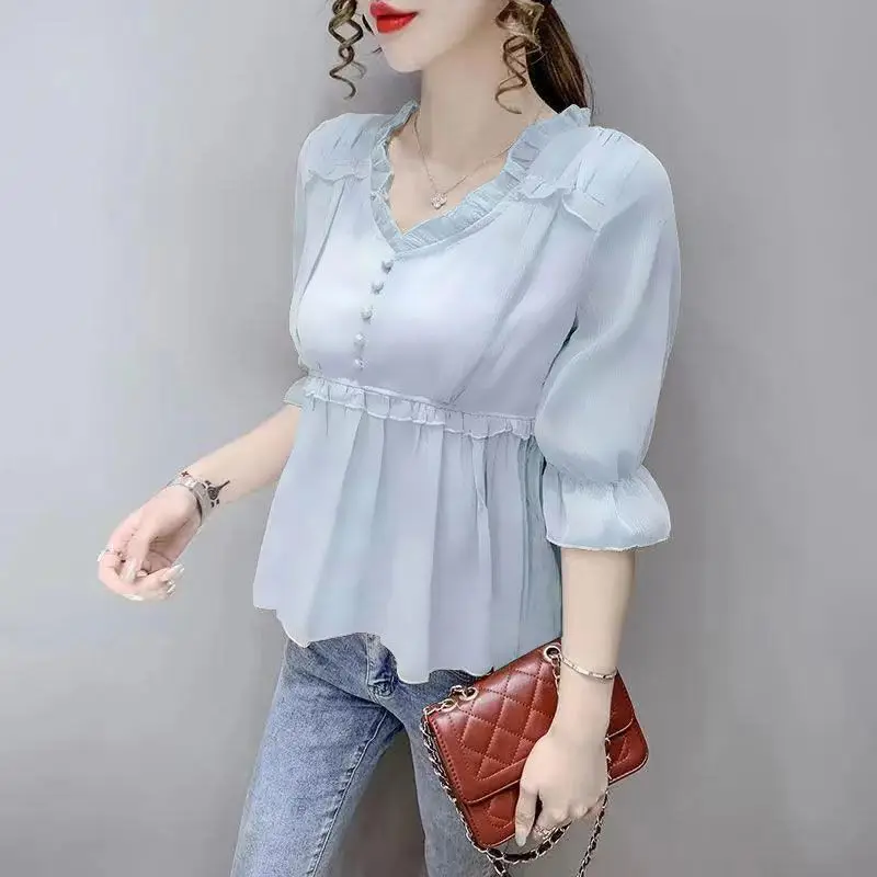 Korean Commuter 2024 Summer New Women's Solid Color V-Neck Button Spliced Lace Fashion Sweet Loose Half Sleeve Chiffon Blouse
