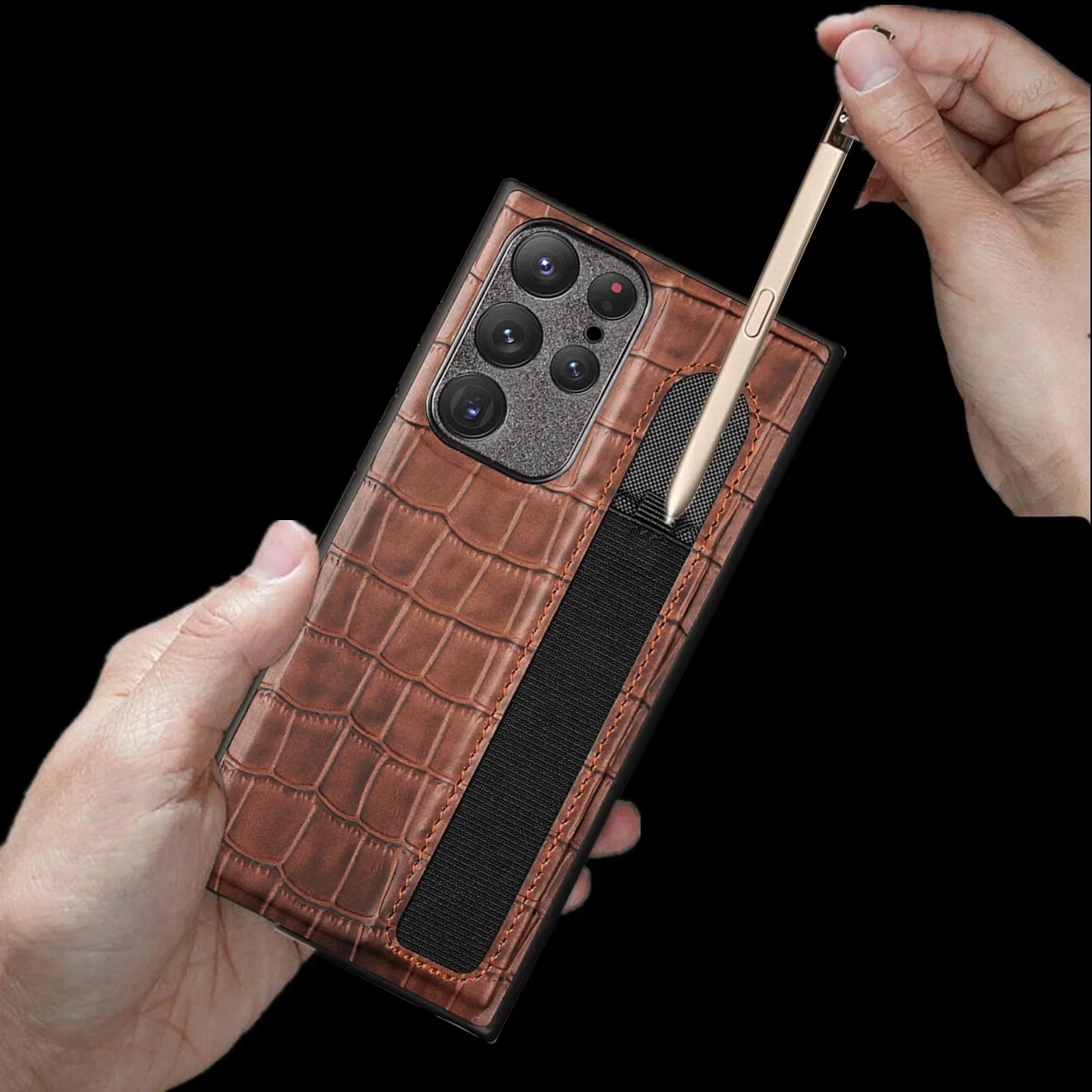 Genuine Leather Phone Case For Samsung S22 S21 Ultra Elastic S Pen Bag Stylus Slot SPen Holder Crocodile Texture Armor Cover