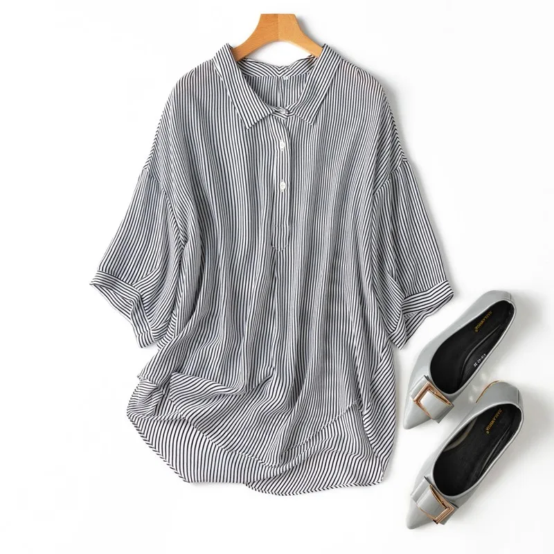 

Women Silk Shirt 100% Mulberry Crepe Silk White Black Stripe Printed Batwing Sleeve Pullover Top Blouse Office Lady M1157
