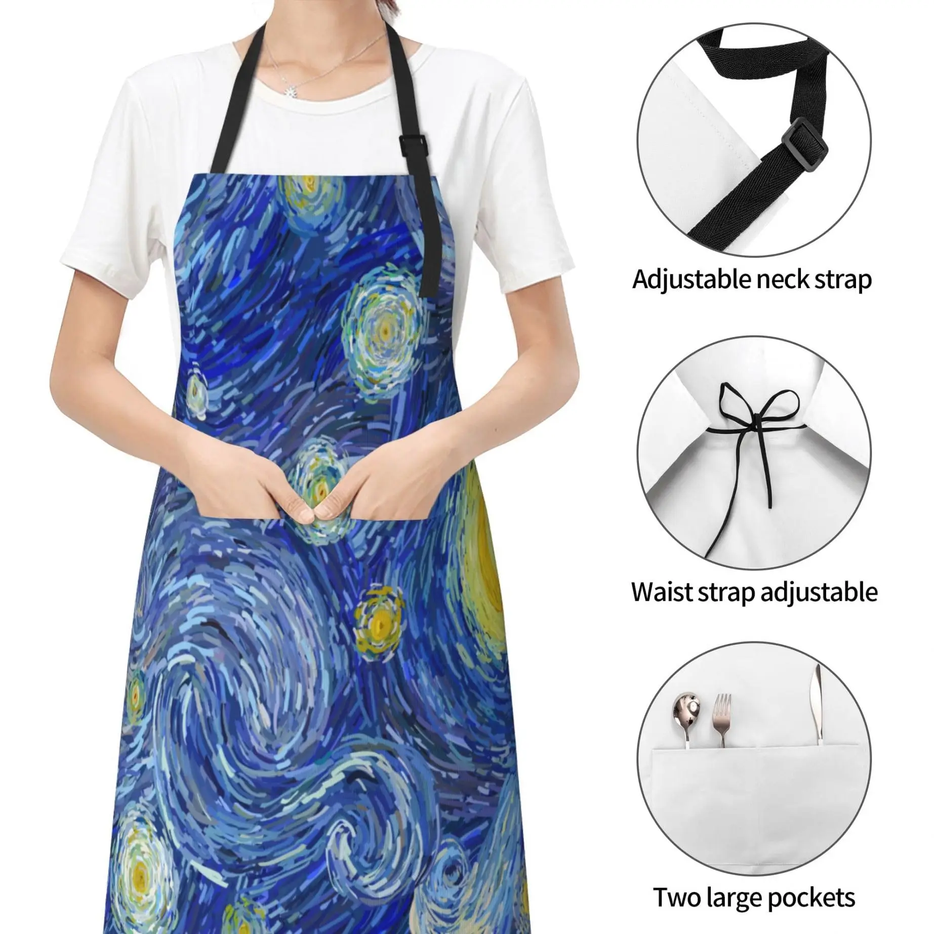 Starry Night Cooking Apron For Women Men With Pockets,Van Gogh Galaxy Blue Oxford Cloth Kitchen Apron