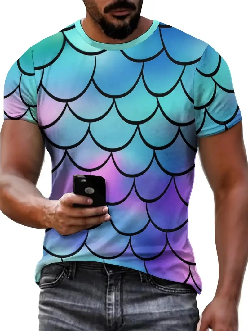 

Men's Plus Size 3D Fish Scale Printed Short Sleeved T-shirt, Loose and Casual, Soft, Comfortable and Breathable, Outdoor Sports