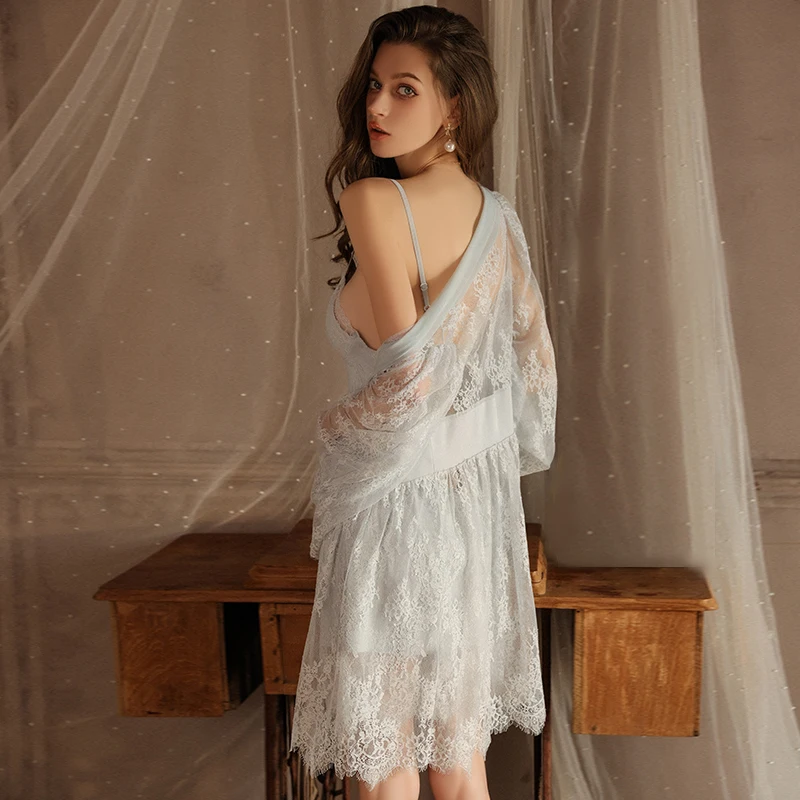 프렌치 로브 세트 백리스 바스트 홀더 섹시한 성인 Lingere 나이트 드레스 여성 잠옷 레이스 잠옷 가슴 패드 Babydooll