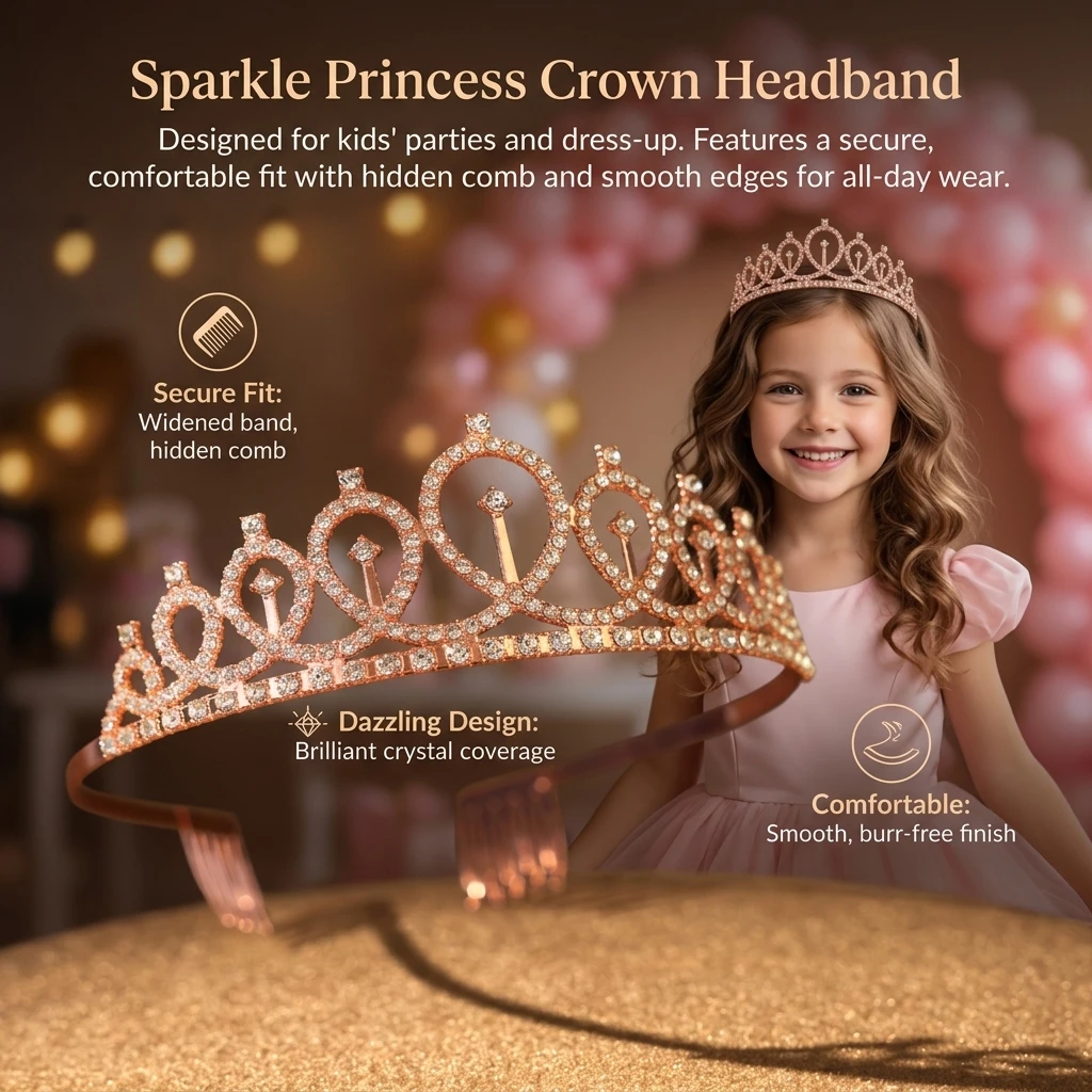 Sparkling Rhinestone Crown Headband Crystal Princess Alloy Hair Accessory For Birthday Party Cosplay Kids Girls Elegant Jewelry