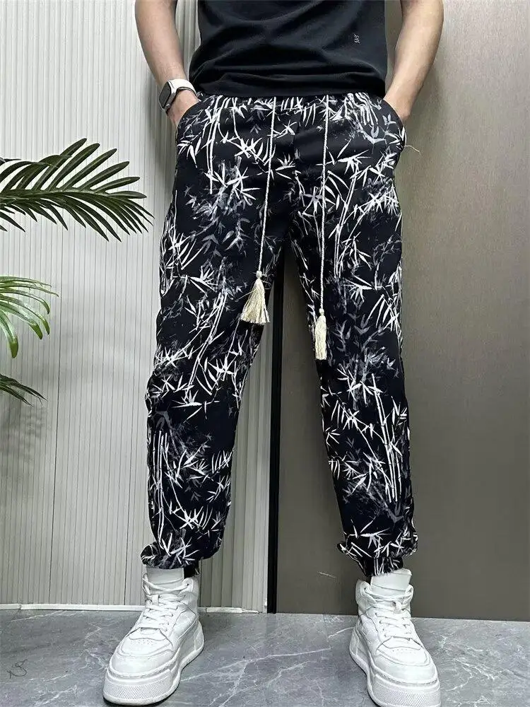

Summer Thin Print Loose Cropped Trousers for Men Classic Fashion Designer Big Size Aesthetic Polyester Casual Harem Pants Man