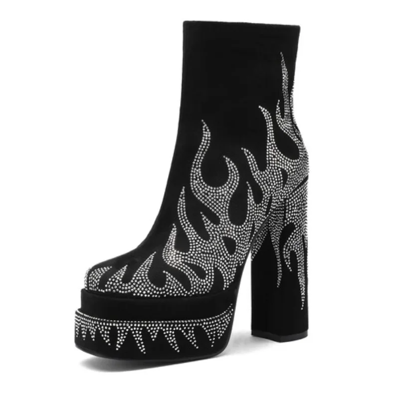 

Европейские и американские женские сексуальные блестящие полусапожки со стразами и двойным водонепроницаемым столом, короткие ботинки с квадратным носком и боковой молнией