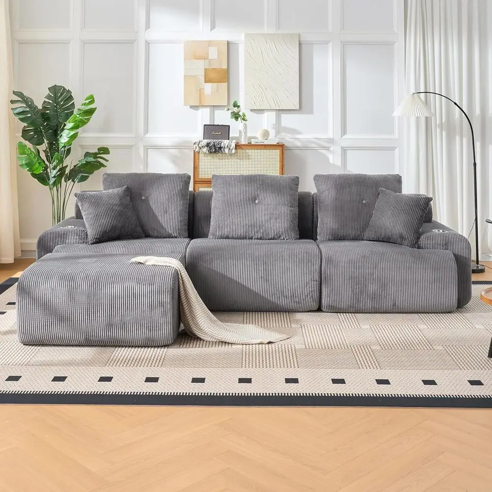 Deep Seated Cloud-Inspired L-Shape Sofa, Grey, for Living and Bedroom Comfort