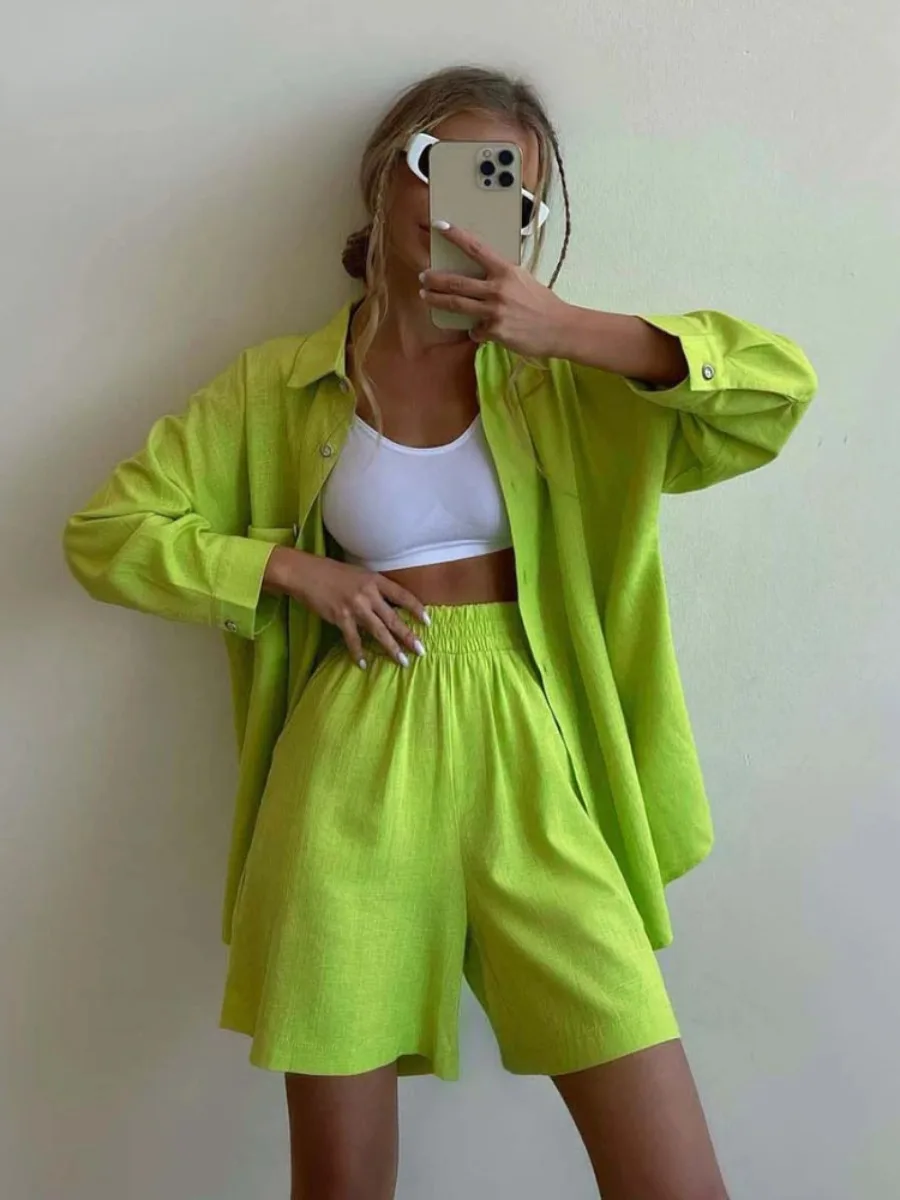 Bornladies Fashion Office Ladies Short Suit Casual Loose High Waist Shorts Set Women Elegant Long Sleeve Blouse Two Piece Set