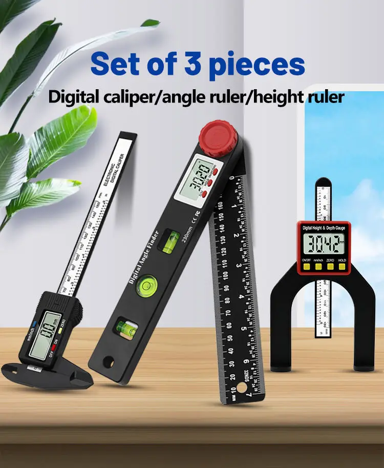 3piece Set Digital Caliper Level and Angle Ruler Height Ruler Depth Ruler Multi-function Measuring Tool Woodworking Tool