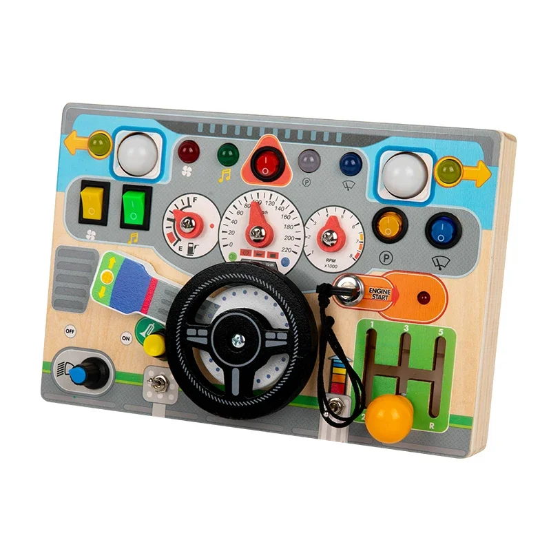 

Wooden Busy Board for Toddler Montessori Steering Wheel Driving Toy Sensory with LED Sensory Preschool Activities Education