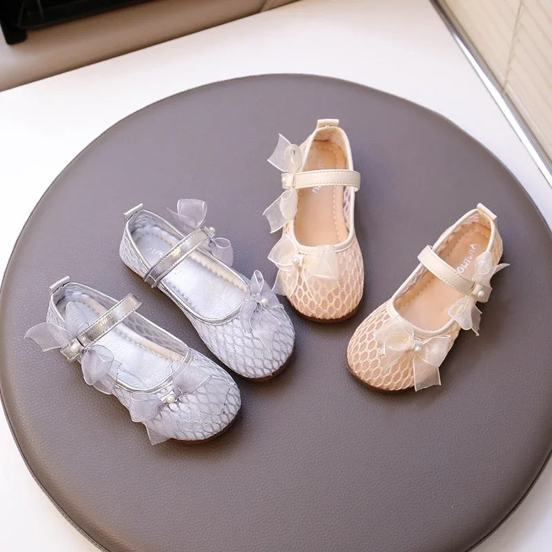 

Girls Princess Shoes Lace Bows Elegant Children Flat Shoes Mesh Breathable 2025 Summer New Kids Casual Shoes Round Toes Non-slip