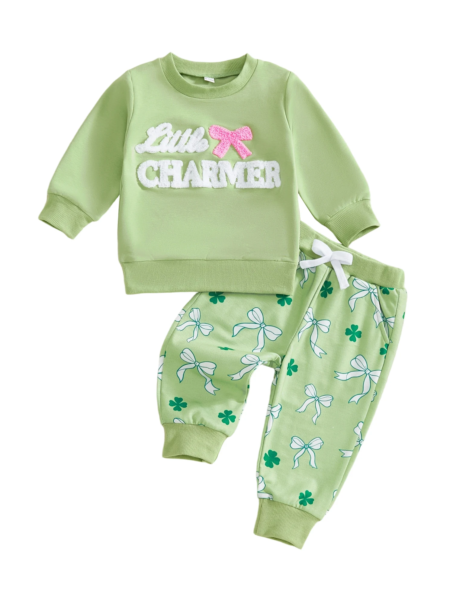 

Girls St Patrick s Day Outfit Long Sleeve O Neck Top with Bow Embroidery and Clover Print Pants Set