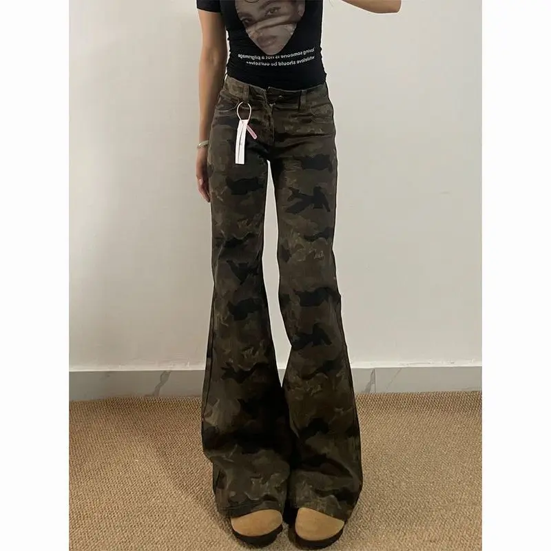 New Women's Jeans Loose Fit Camo Flare Leg Pants Summer Casual High Waist Stretchy Tall Denim Trousers For Street Style