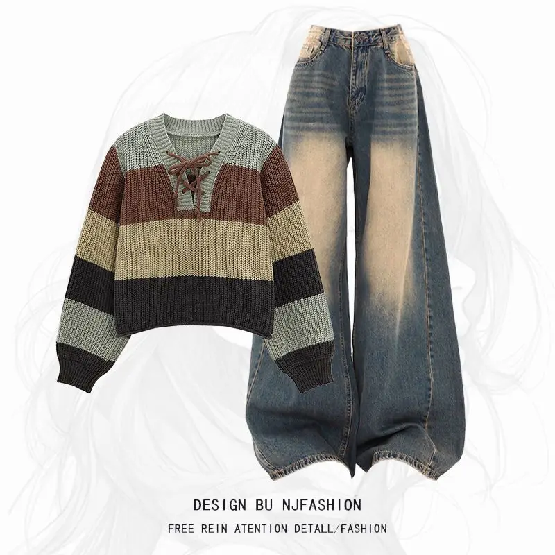 

Spring Faion Women's Knitted Sweater And Loose Straight Jeans Two-Piece Set Stripe Design Slimming Effect Long Sve ...
