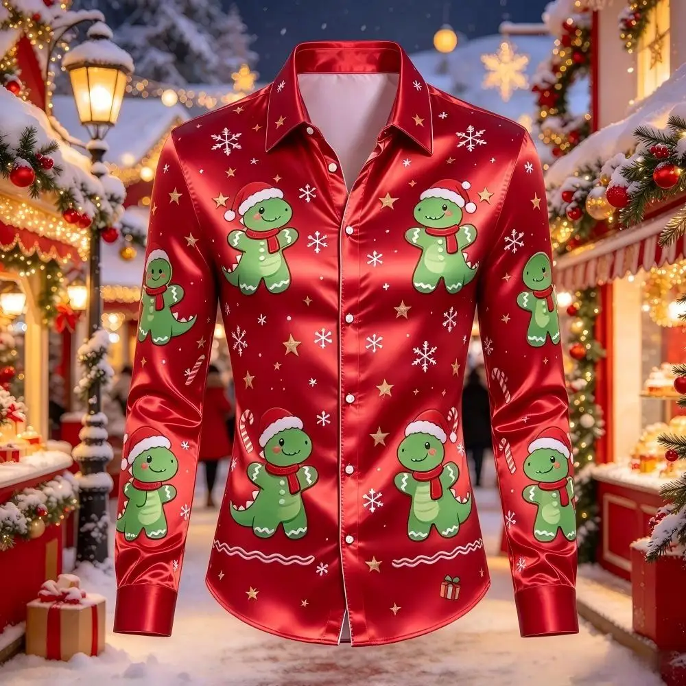The latest Christmas satin shirt for 2026, featuring various small animal Santa Claus patterns, suitable for holiday party outfi