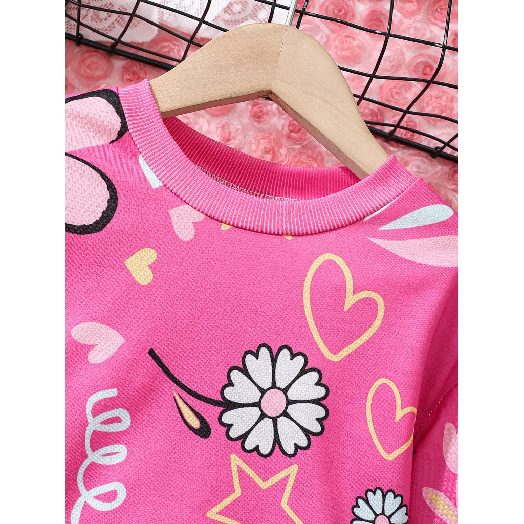 بلوزة لطيفة بأكمام طويلة مطبوعة يدويًا للفتيات من عمر 4 إلى 7 سنوات، ملابس يومية للفتيات الصغيرات، ملابس الخريف والشتاء