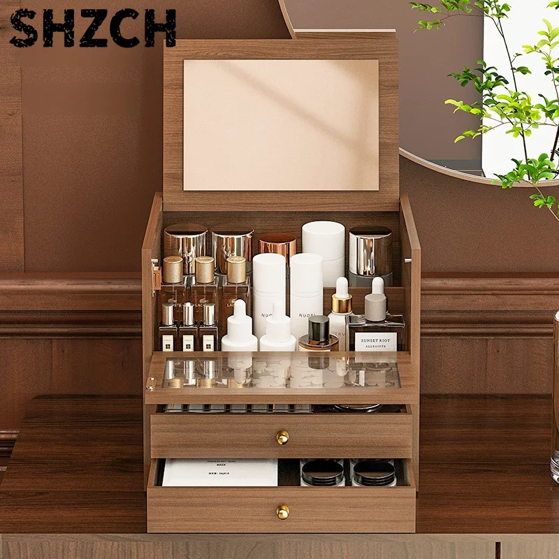 Dust-Proof Organizer with Mirror Makeup Storage System Modular Skincare Trays for Countertop/Bathroom Capacity Cosmetic Case