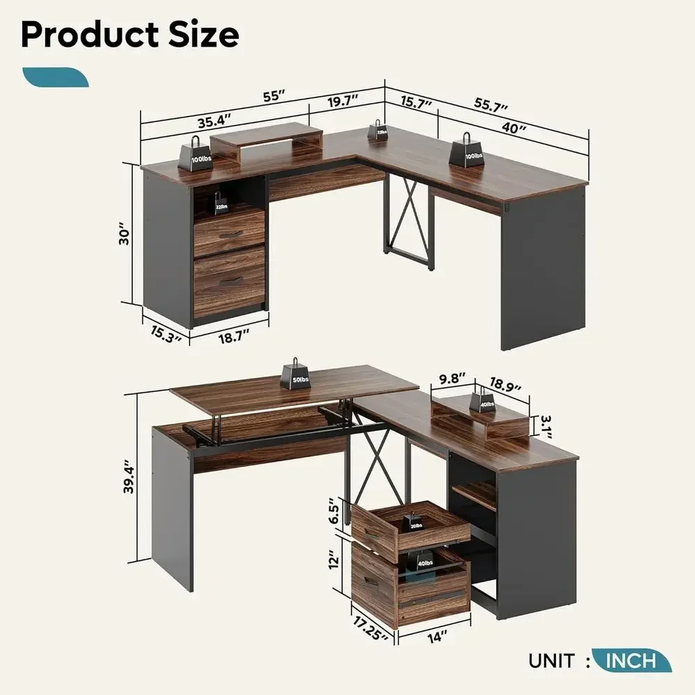 Walnut 55 L-Shaped Desk with Illuminated Top, Reversible File Drawer and Monitor Stand for Home Office