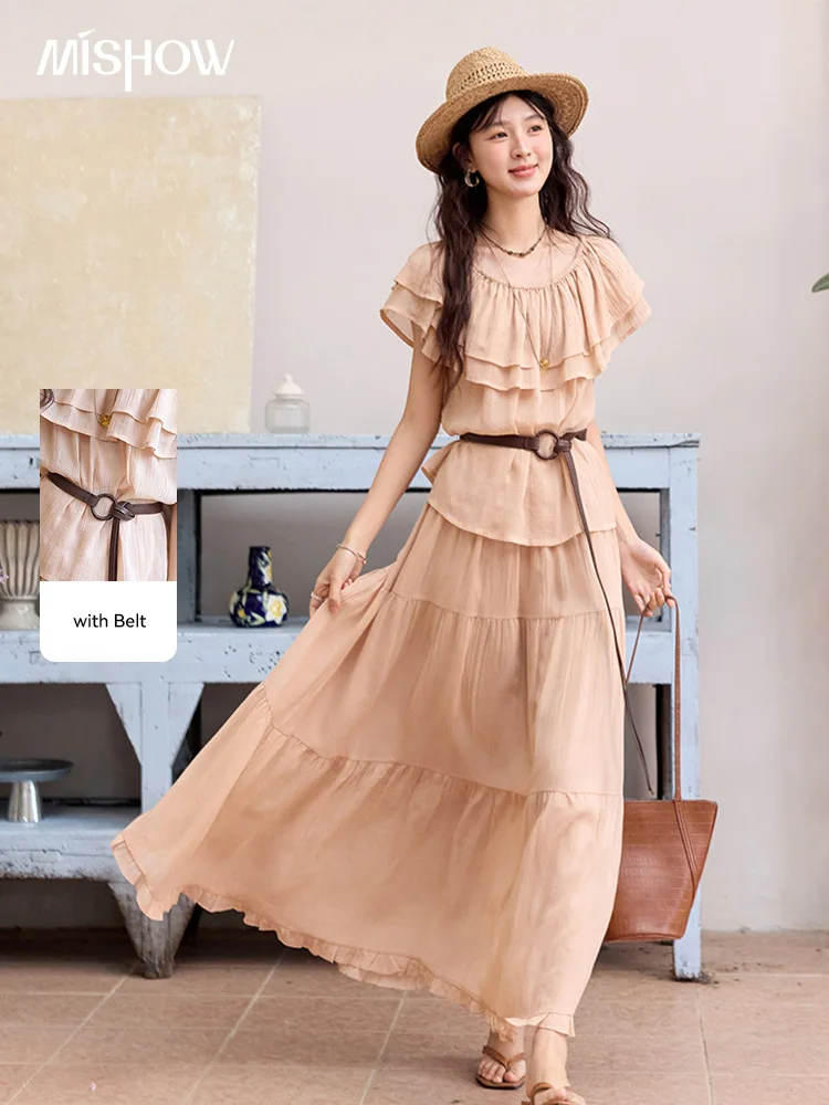 

MISHOW Women Fashion Two-Piece Set 2025 Summer Loose Lotus Leaf Edge Off Shoulder Top Elastic Waist Skirt Ladies Set MXE36T0637