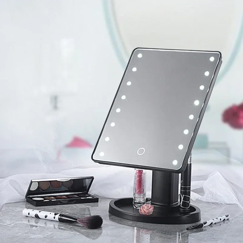 16/22 Licht Kralen Led Make-Up Spiegels Draagbare Touchscreen Usb Desktop Opslag Vierkant Ijdelheid Douche Schone Spiegel Met Verlichting