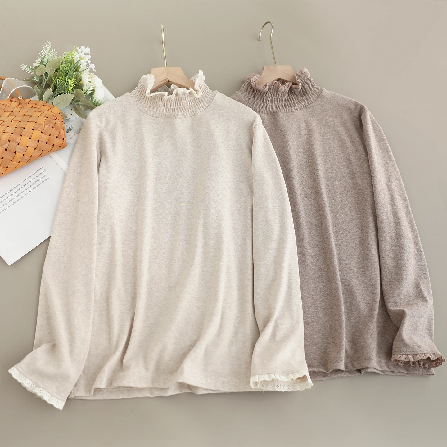 

Японские однотонные хлопковые футболки Sweet Mori Girl, женские весенне-осенние водолазки с длинным рукавом, повседневные свободные пуловеры, рубашки