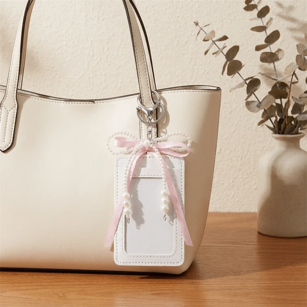 Fashion PU Leather Woman Wallet Thin Pearl Short Card Bag Photocard Holder Card Protective Bow Card Holder Lady