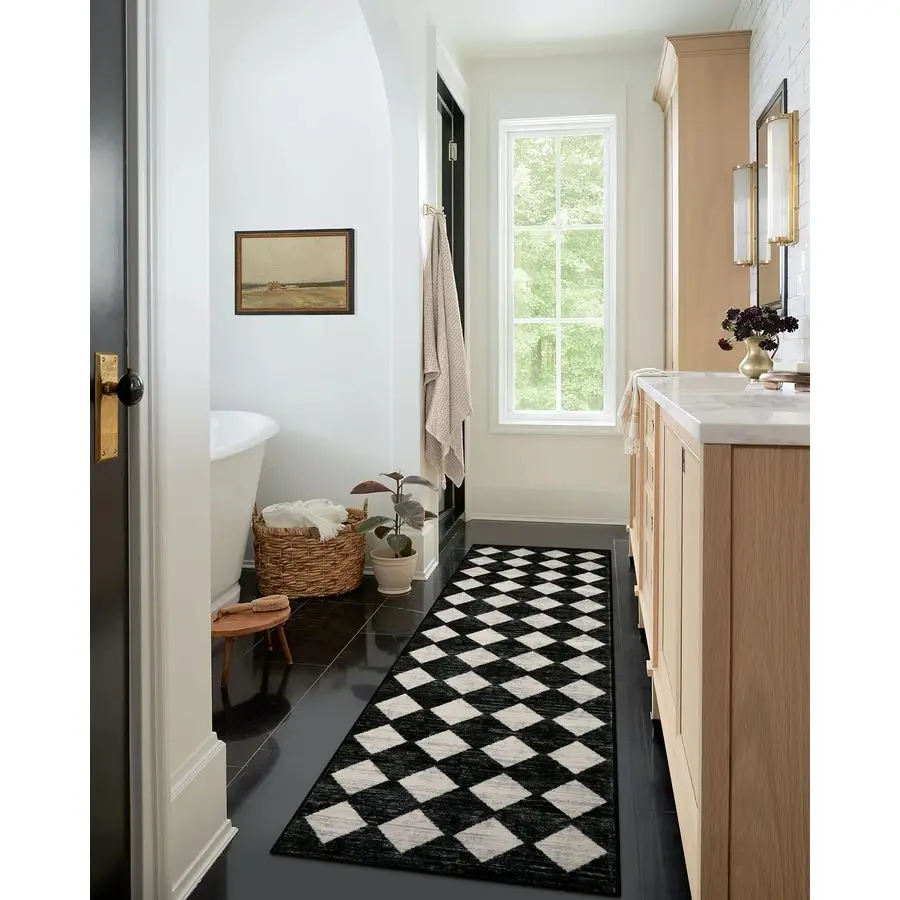 Moroccan Trellis Runner Rug 2x8 Black Hallway Runner Rug with Rubber Backing, Checkered Kitchen Non Skid Carpet Runners Washable