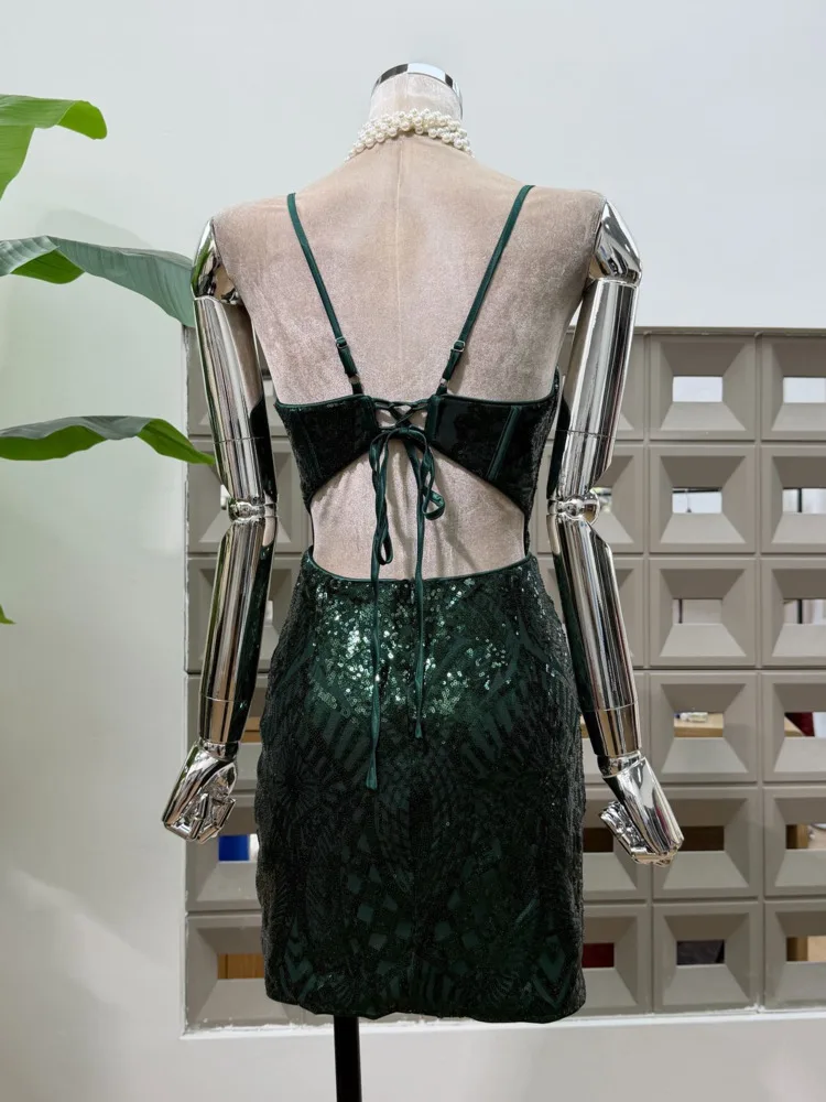 DFDG Damen 2025, Frühling und Sommer, sexy V-Ausschnitt, Pailletten-Cami-Kleid, schmale Passform, figurbetont, Wickel-Taille, Abendparty, Minikleid