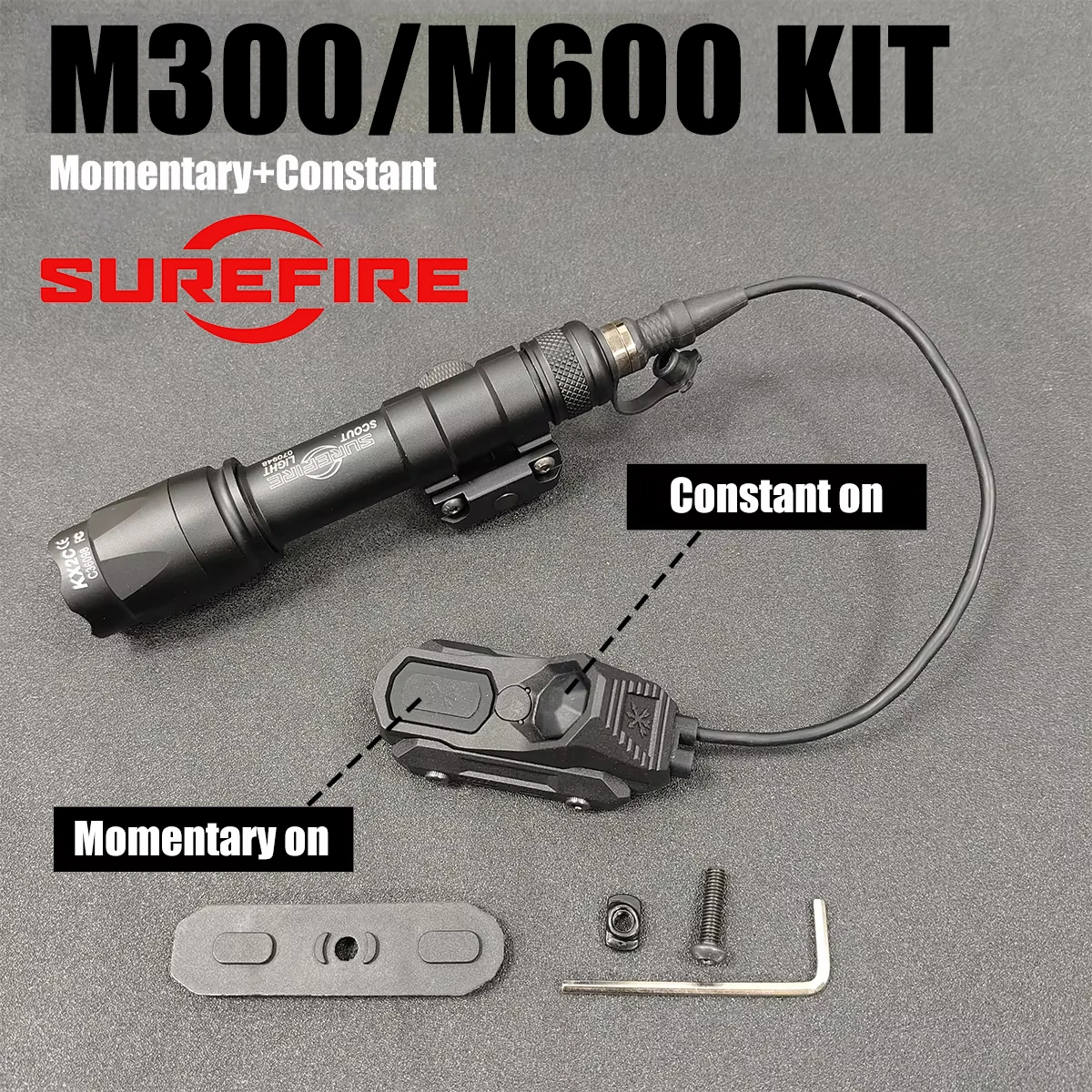 Torcia Surefire M300/M600 con interruttore a pressione remoto a doppia funzione AXON per guida da 20 mm, interruttore UNITY Axon, connettore SF, chiav