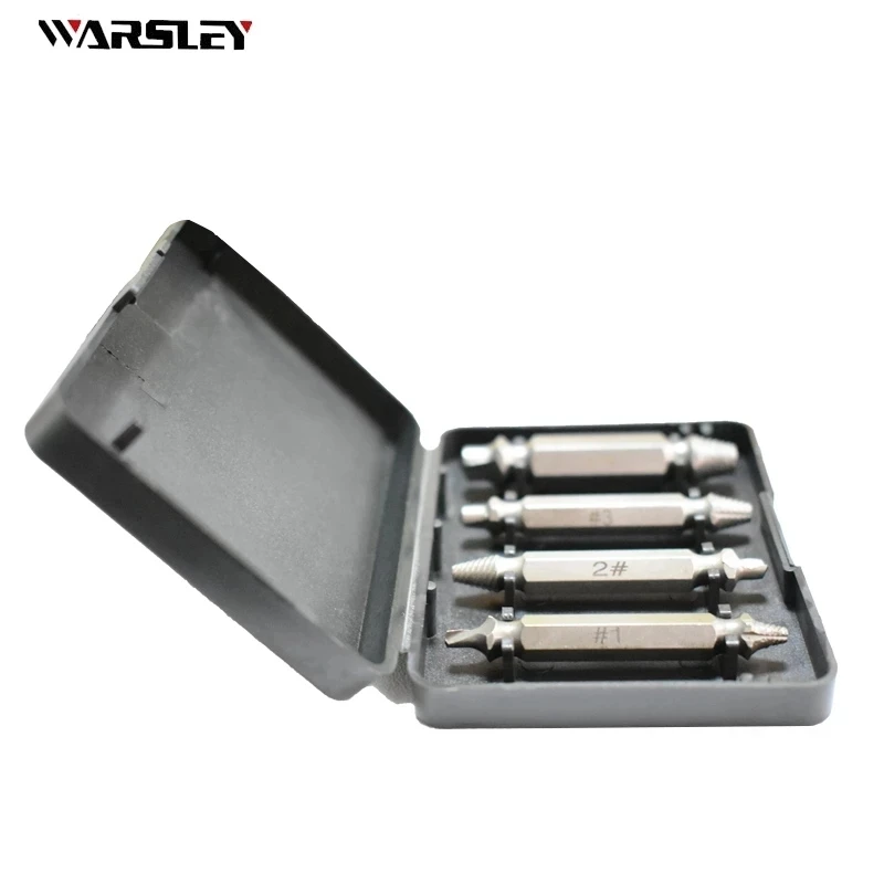 

4pcs Double Side Drill Extractor Out Remover Handymen Broken Bolt Stud Removal Tool Kit Out Damaged Screw +Plastic Box Packaging