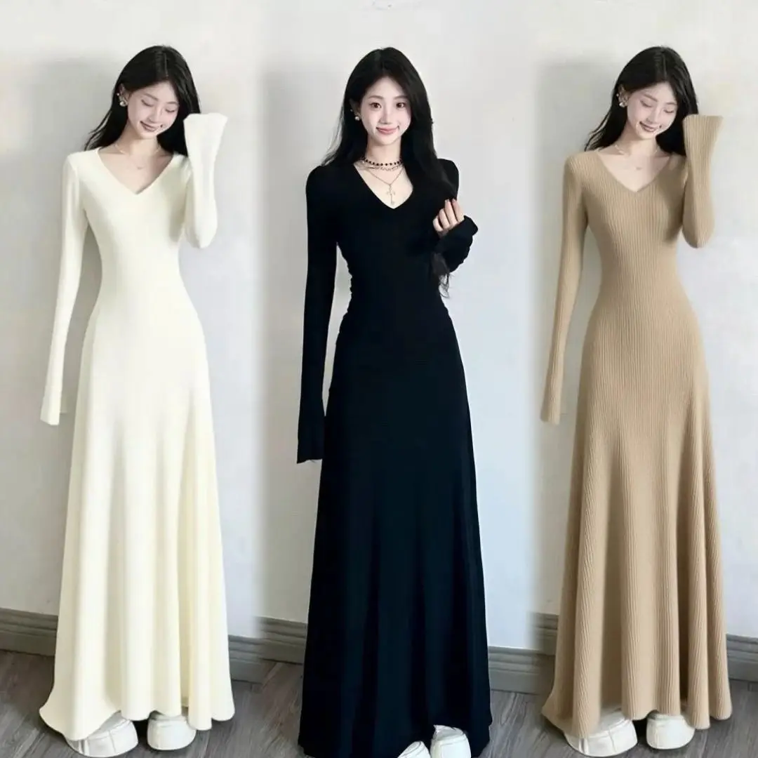 Autumn and Winter Outfit Long Sleeve Knit Dress with V-Neck for Women Elegant and High-Quality Perfect as an Underwear for Coats