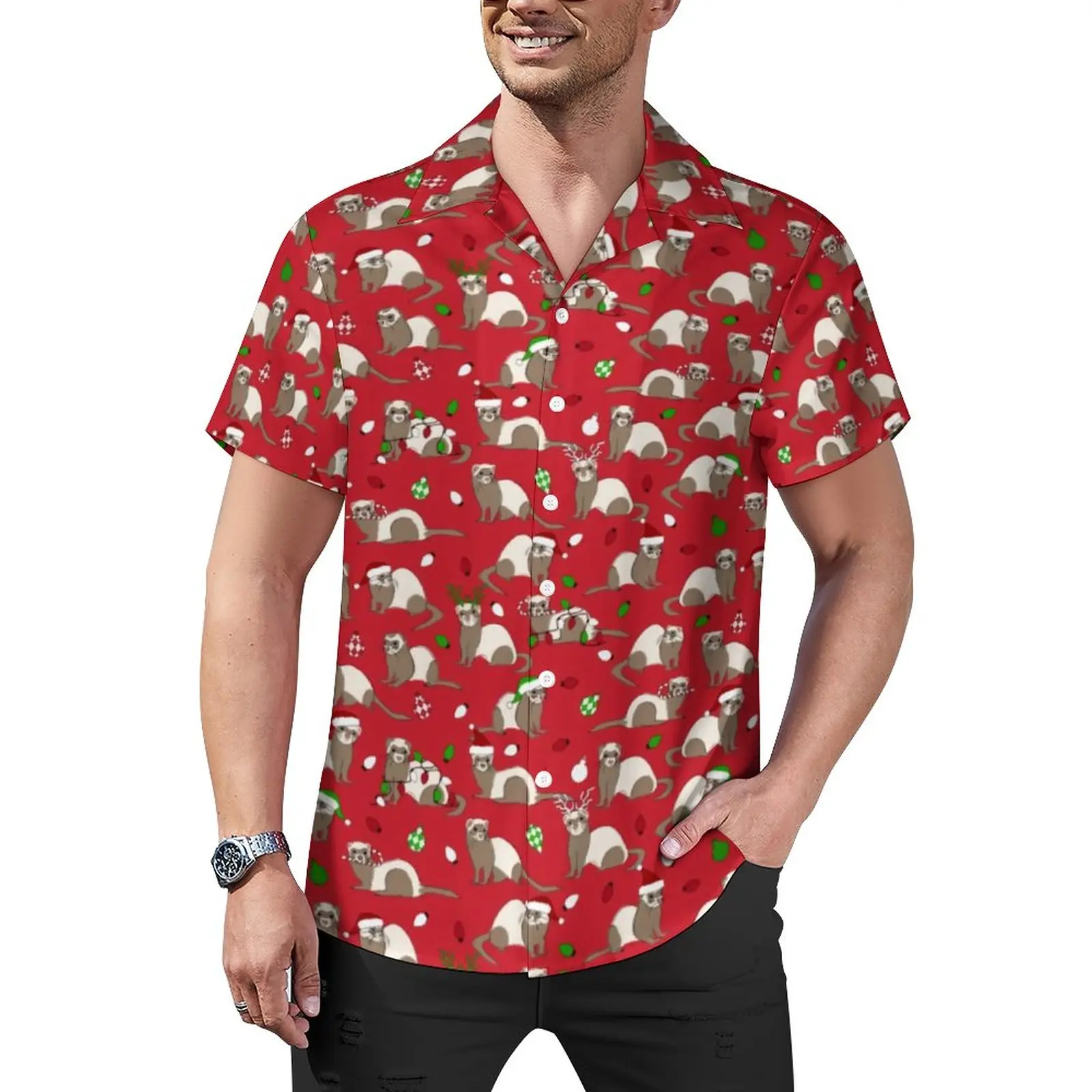 

Christmas Ferret Vacation Shirt Funny Animal Print Hawaiian Casual Shirts Men Trendy Blouses Short-Sleeved Design Tops Plus Size