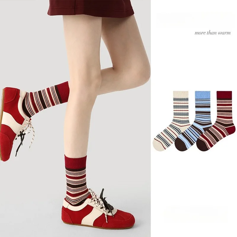 3 Pairs Women's Autumn Winter Cotton Striped Mid-Calf Grip Socks Fashion Ankle Socks Set Casual Loose Socks High Quality Hosiery