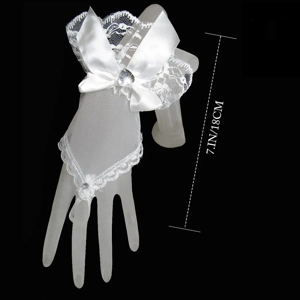 Short Bridal Gloves Fingerless Tulle Wedding Gloves with Bowknot Crystal Valentine's Day Wedding Party Cosplay Accessories