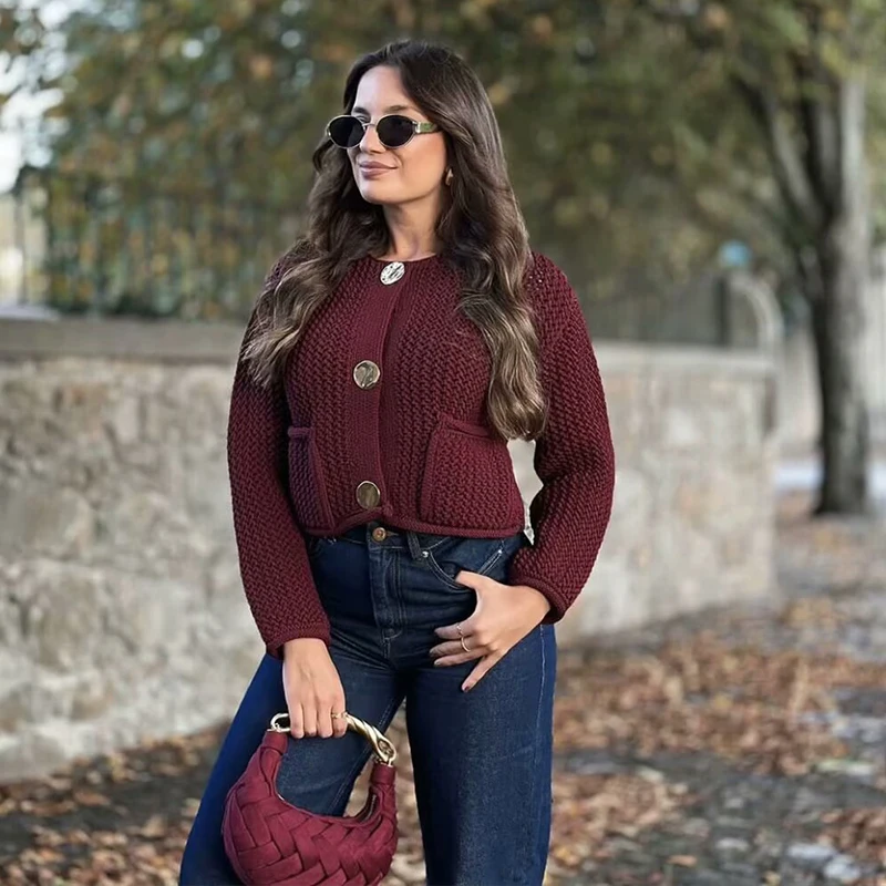 TRAF Autumn Winter Knitted Cardigans For Women Casual Button Long Sleeve Female Sweater 2024 Fashion Loose Lady Cardigans Coat