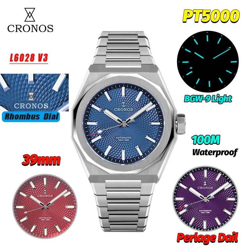 

Cronos Новые L6028 V3 39 мм мужские часы с ромбическим перляжным циферблатом PT5000 автоматические часы 100 м водонепроницаемые светящиеся механические наручные часы