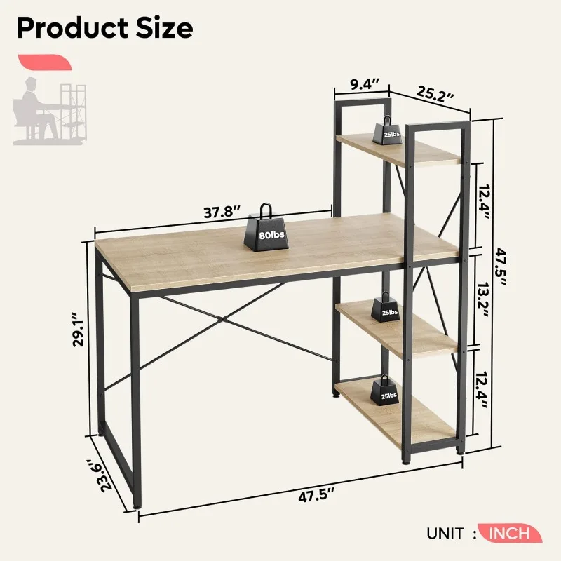 Bestier 47 Inch Computer Desk with Adjustable Shelves, Simple Writing Desk with Reversible Bookshelf and Metal Legs for Home