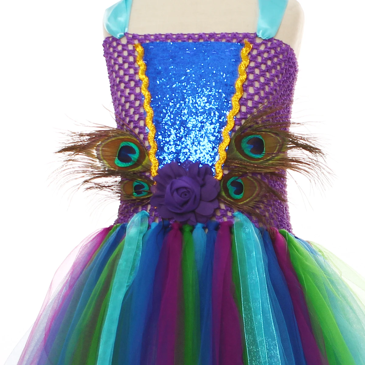 Elegancki kostium z pawich piór dziewczyny Purim fantazyjna paw Tutu sukienka z pałąkiem na głowę dzieci księżniczka korowód Party suknia balowa — zdjęcie 7