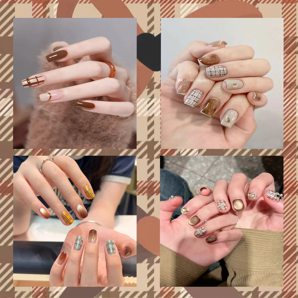 3/6/12枚入り チェック柄ネイルアートステッカーセット、ブラウンベージュホワイトのチェック柄＆リボンハートデザイン 5Dチェック柄デカール DIYネイル用