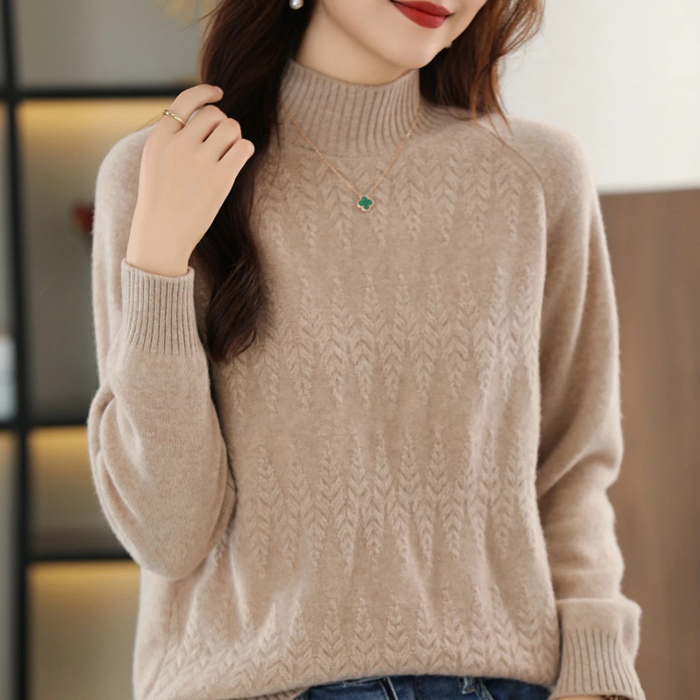 ZYCZCXX Women's Half High Neck Knit Sweater 100% Merino Wool Autumn Winter Thickened Jacquard Sweater Pullover Knitted Top