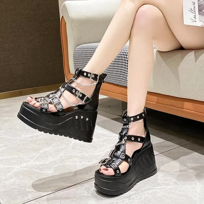 Women Luxury Wedges Sandals High Heel Gothic Punk Comfy Walking Back Zip Chains Fashionable Summer Platform Sandals Ladies Shoes