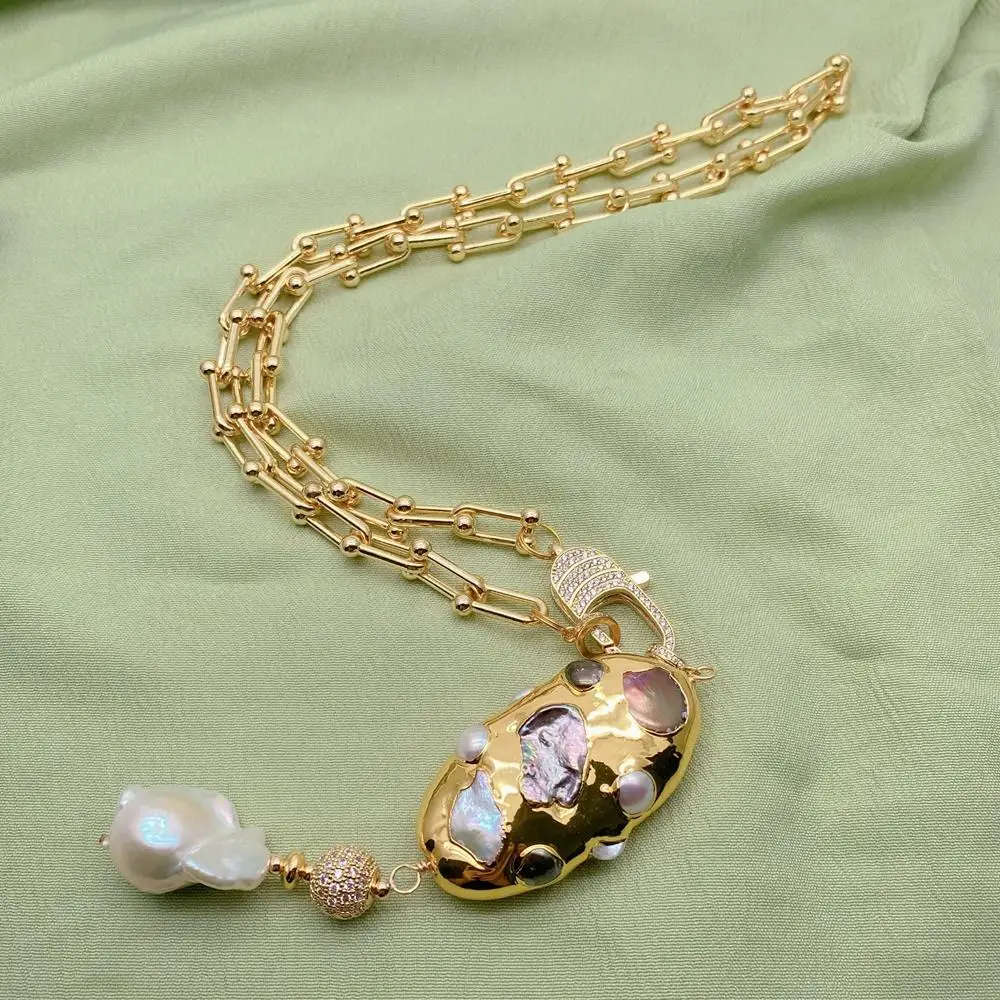 Kkgem 17x23mm White Baroque Pearl   Freshwater Multi Color Pearl Pendant 26x50mm Gold Plated Chain Necklaces view 2