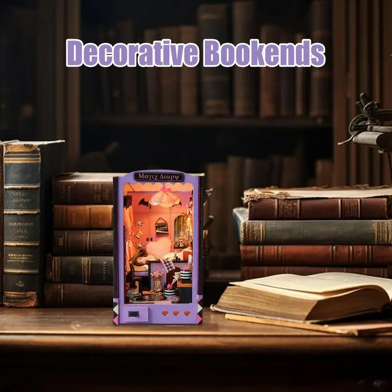 3D ปริศนา Bookend Bookshelf Nook Miniature Booknook ชุดปริศนาไม้ 3D Bookends Booknook ชั้นวางหนังสือใส่แสงนุ่ม