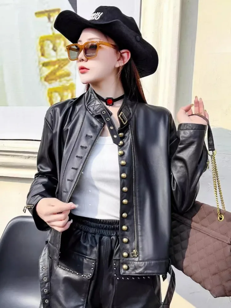 Fashion Women Single Breasted Sheepskin Genuine Leather Jacket Stand Collar Zipper Motorcycle Biker Coat Spring Autumn Jackets