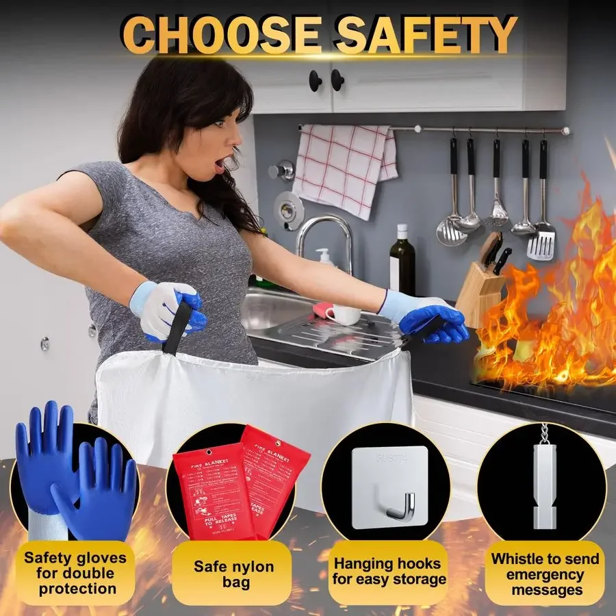 حزمة بطانيات حريق للمنزل والمطبخ 47x47 بطانية حريق الطوارئ لبطانية قمع الحريق من الألياف الزجاجية مع قفازات بخطاف Wh