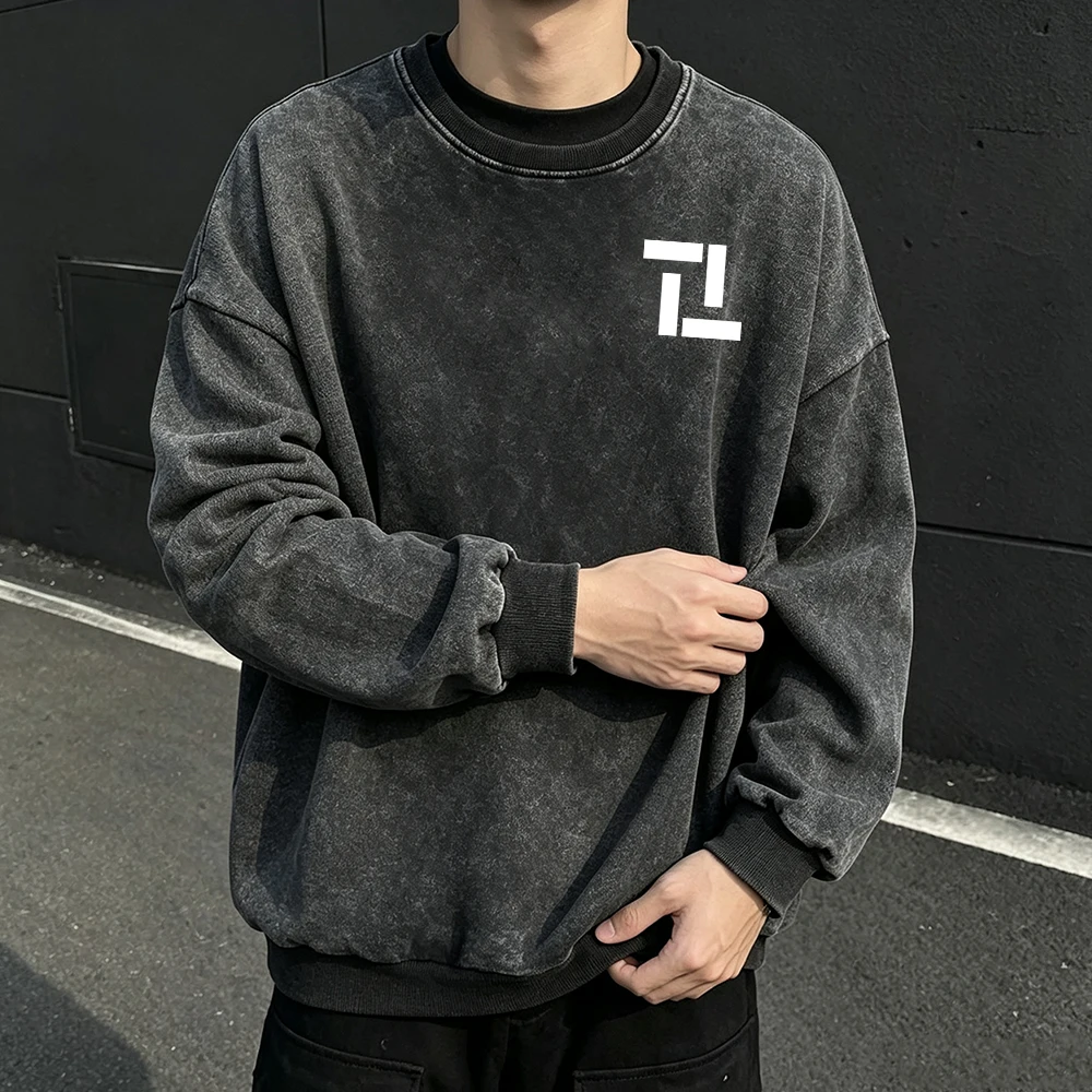 Men Vintage Washed Black Crew Neck Sweatshirt Geometric Blocks Print Long Sleeve Loose Pullover For Daily Casual Streetwear Tops