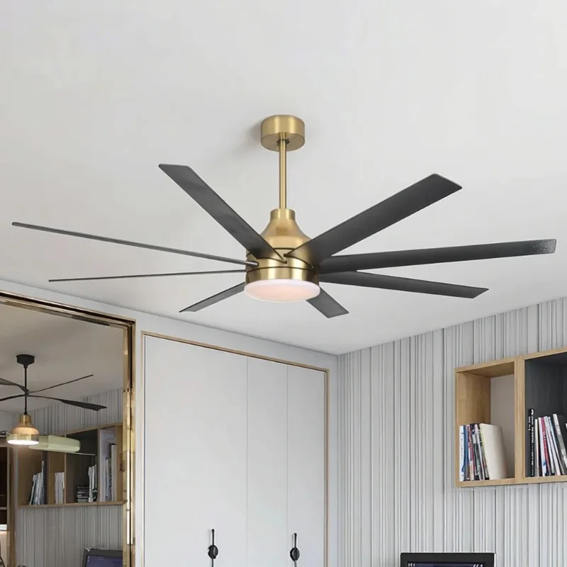 Nordic 60-Inch Living Room Ceiling Fan with 8 ABS Blades and DC Motor Big Black Remote Control Copper Lighting Metal Material