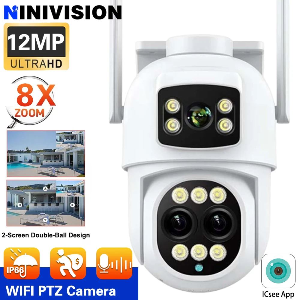 

NINIVISION 12MP PTZ камера Wi-Fi двойной экран автоматическое отслеживание 8-кратный цифровой зум уличная охранная камера видеонаблюдения