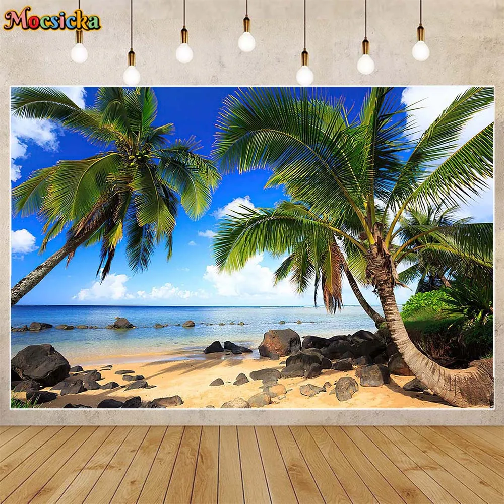 

Mocsicka Summer Backdrop for Photography Hawaii Beach Palm Tree Seaside Reef Background Decoration Photo Studio Props Photobooth