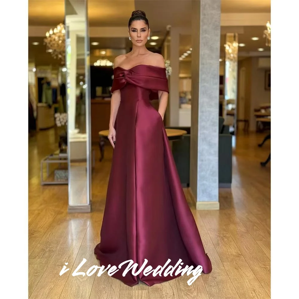 

Burgundy Off Shoulder Evening Dress 2025 Satin A-Line with Pocket Pleated Floor-Length Elegant Wedding Party Dresses Customized